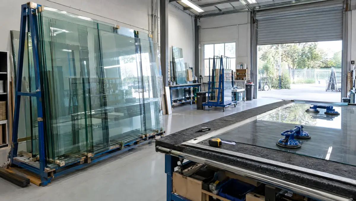 Glass sheets on a rack in a fabrication workshop
