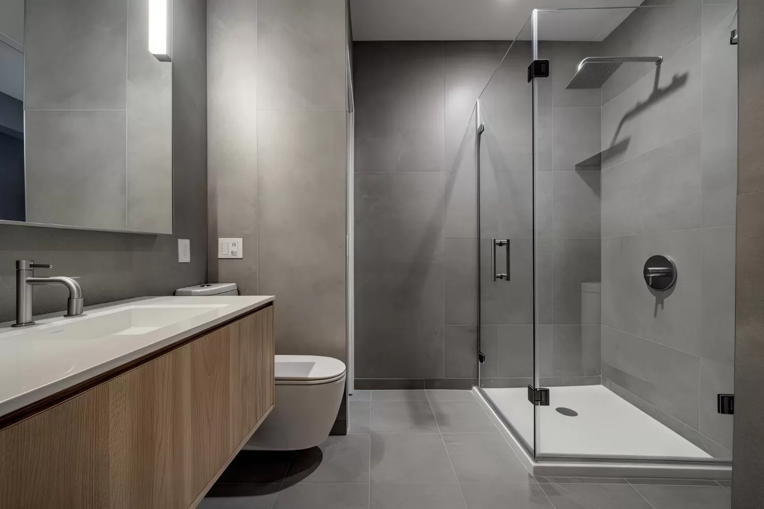 Grey-tiled bathroom with a frameless corner shower enclosure in clear tempered glass.