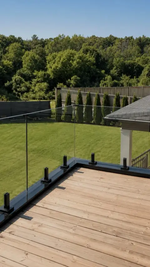 Frameless glass railing on a deck