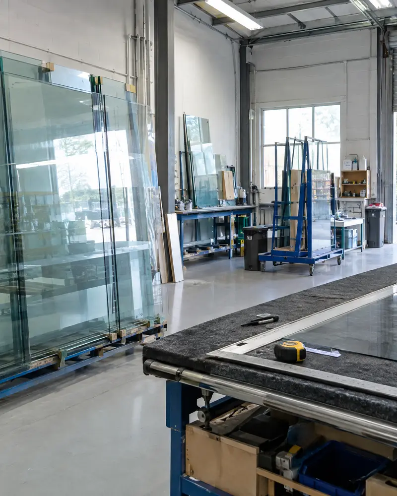 Glass panels being prepared in a workshop