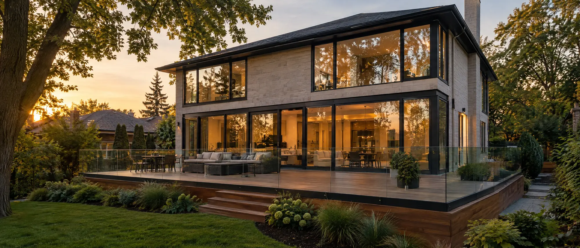 Modern home interior with frameless glass railings and partitions