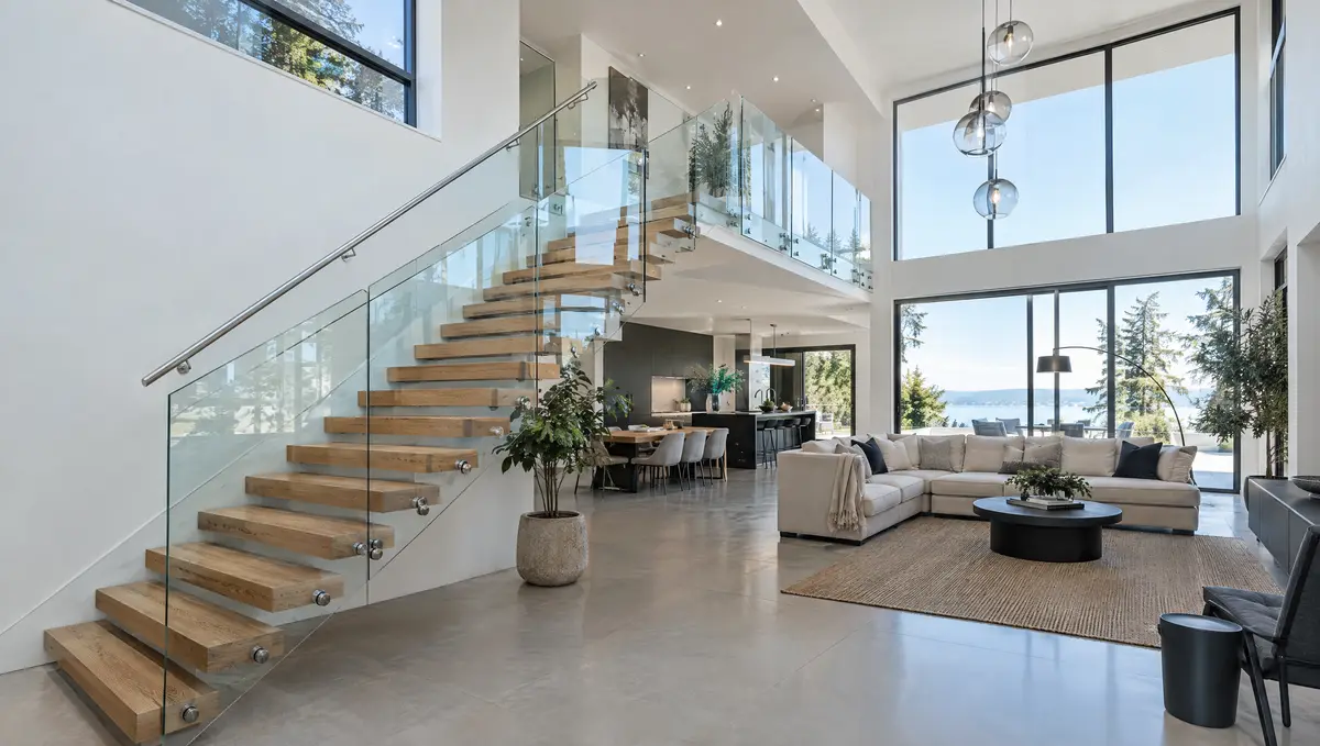 Frameless glass railing on a modern stair