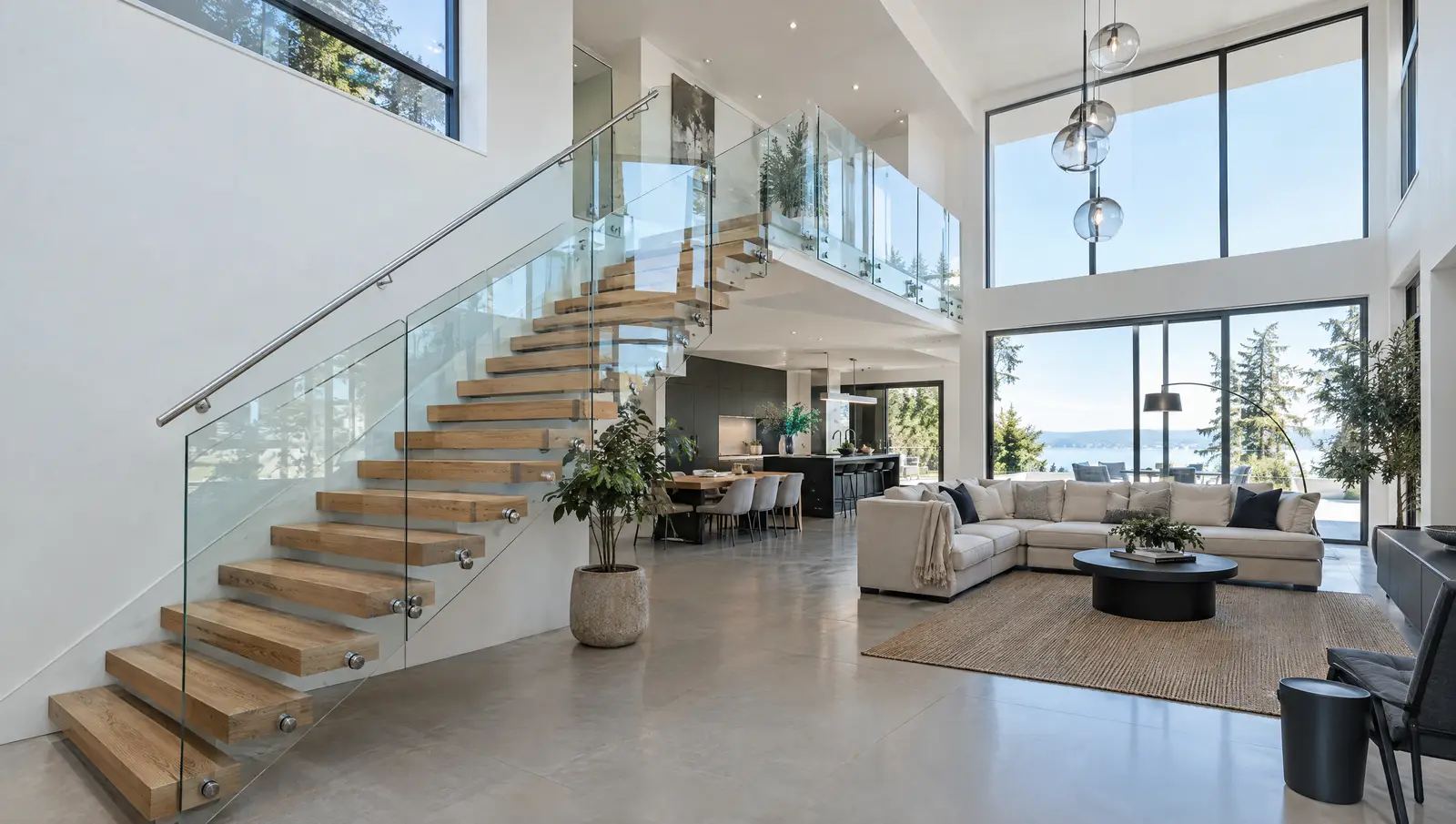 Frameless glass railing on a modern staircase