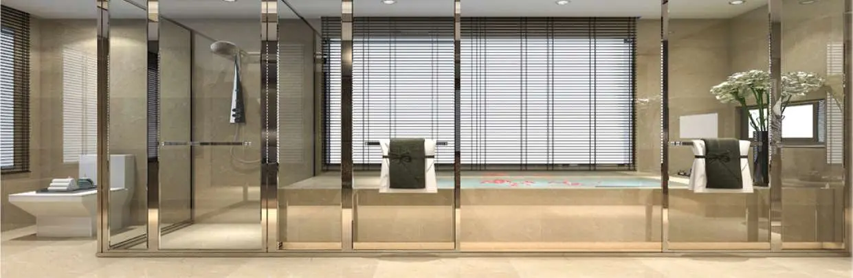 Glass office partitions along a corridor