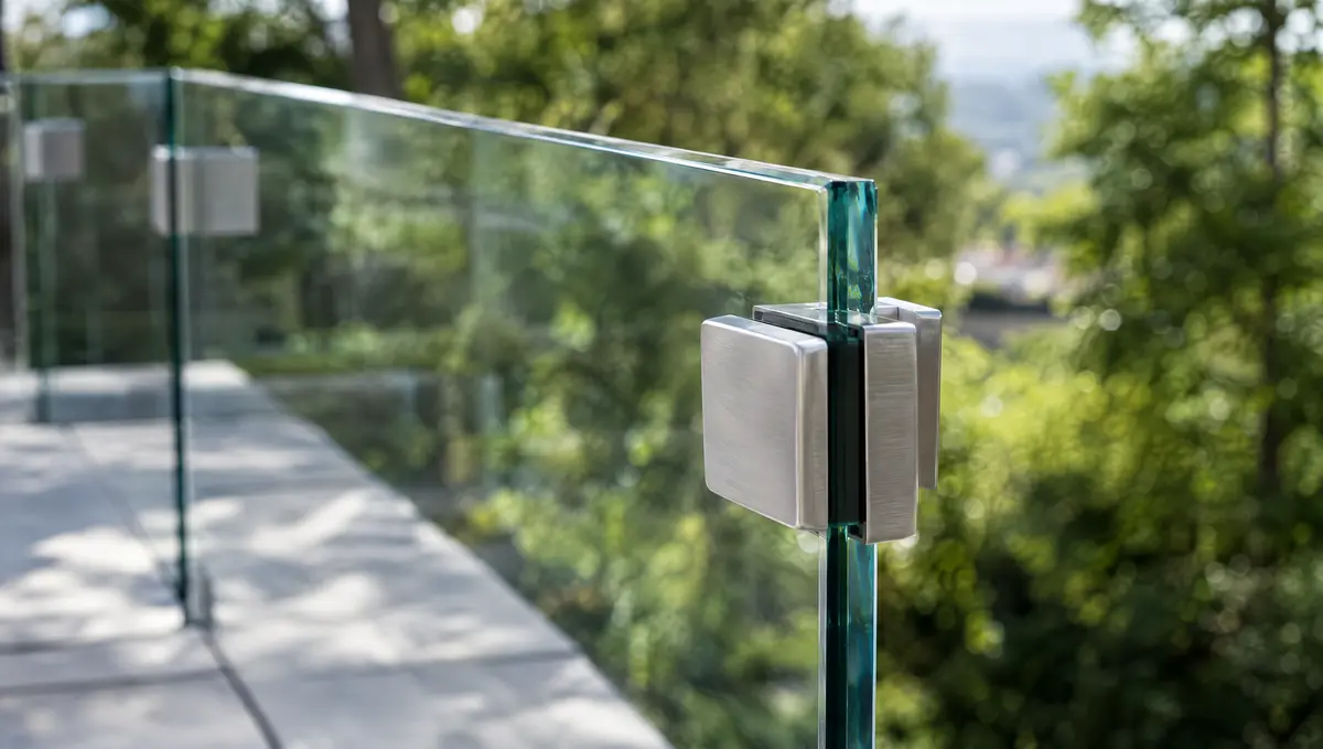 Close-up of a frameless glass railing panel and clamp