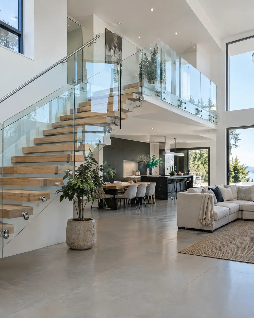 Frameless glass railing on a modern staircase